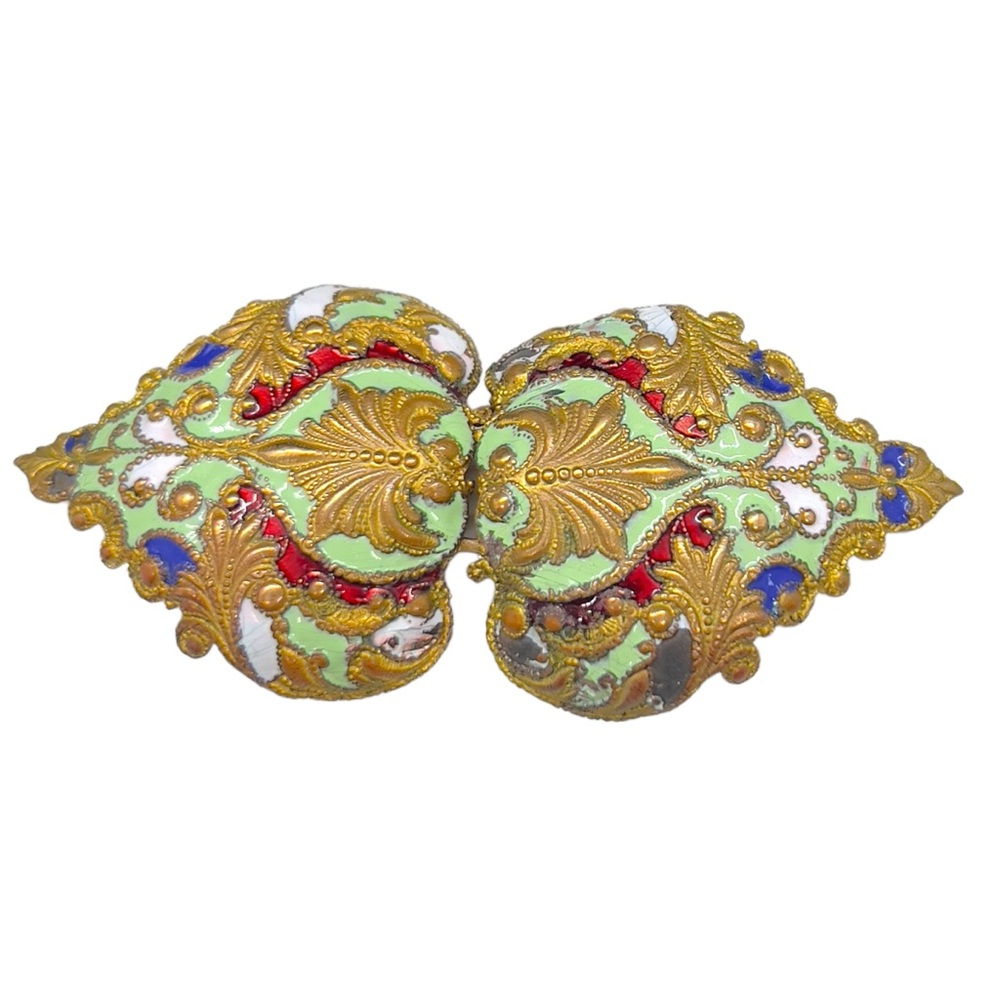 Antique French Champlevé / Repoussé Enamel Shaped Brass Belt Buckle